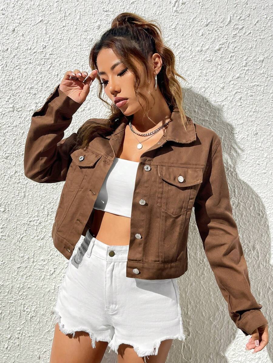 SHEIN EZwear 翻蓋口袋短款牛仔夾克 - 咖啡棕 - 查看 1