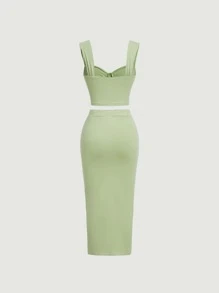 SHEIN MOD Solid Crop Wide Straps Top & Ruched Split Thigh Skirt - Lime Green - View 2