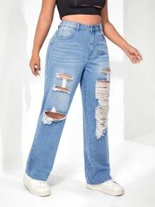 SHEIN Jeans de pierna recta desgarro - Lavado ligero - Ver 1