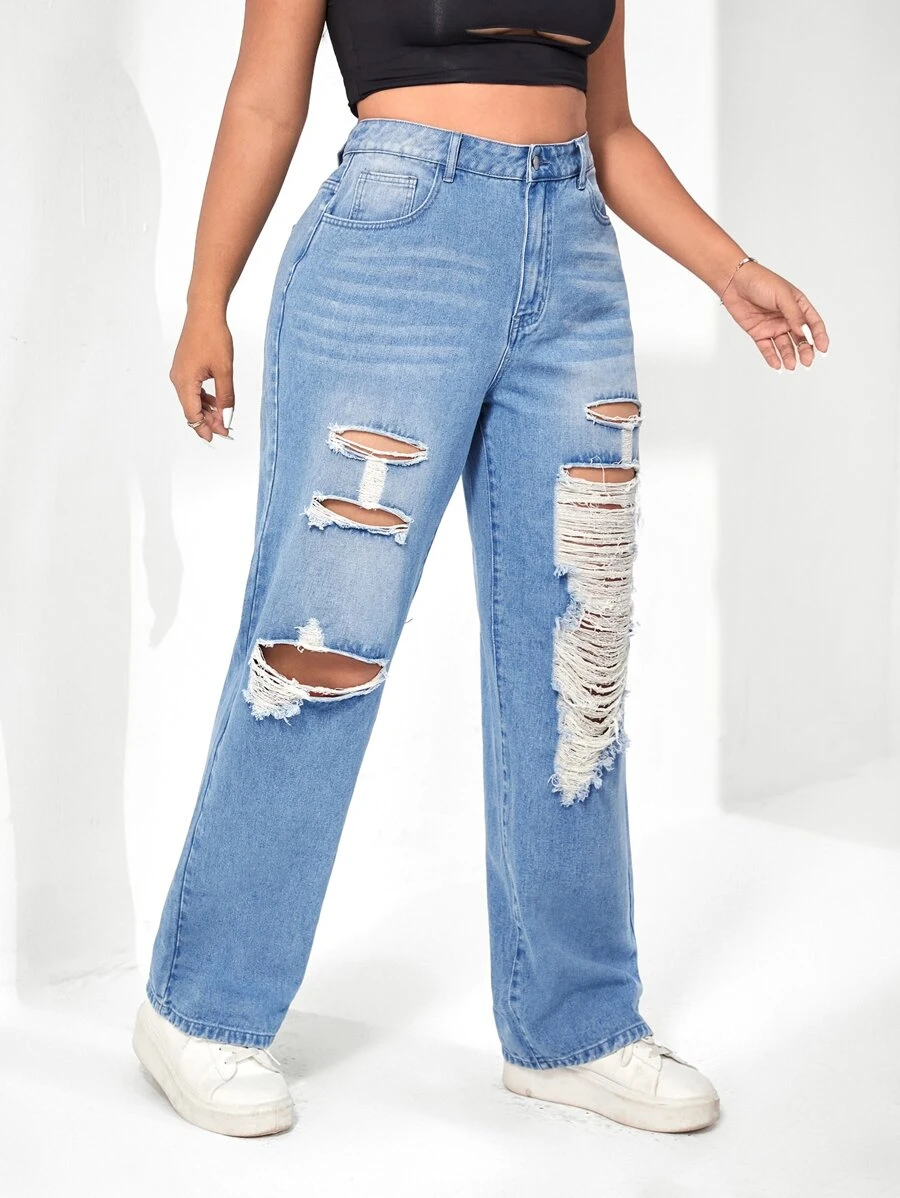 SHEIN Jeans de pierna recta desgarro - Lavado ligero - Ver 1