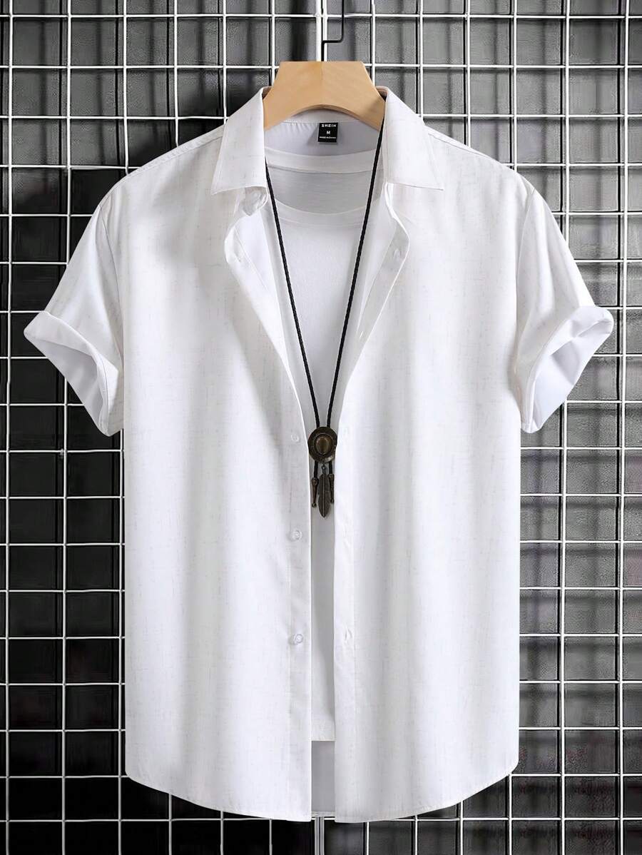 Manfinity Homme 男士素色前排扣襯衫不帶T恤 - 米色 - 查看 1