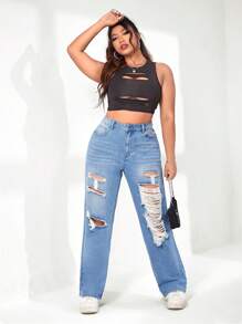 SHEIN Jeans de pierna recta desgarro - Lavado ligero - Ver 4