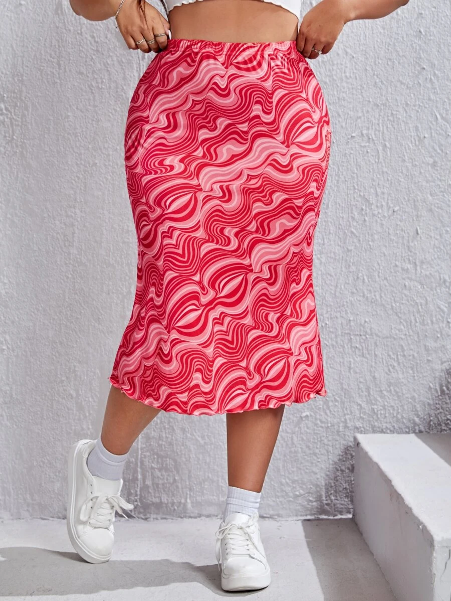 SHEIN EZwear 大碼波浪印花魚尾短裙 - 粉色 - 查看 1