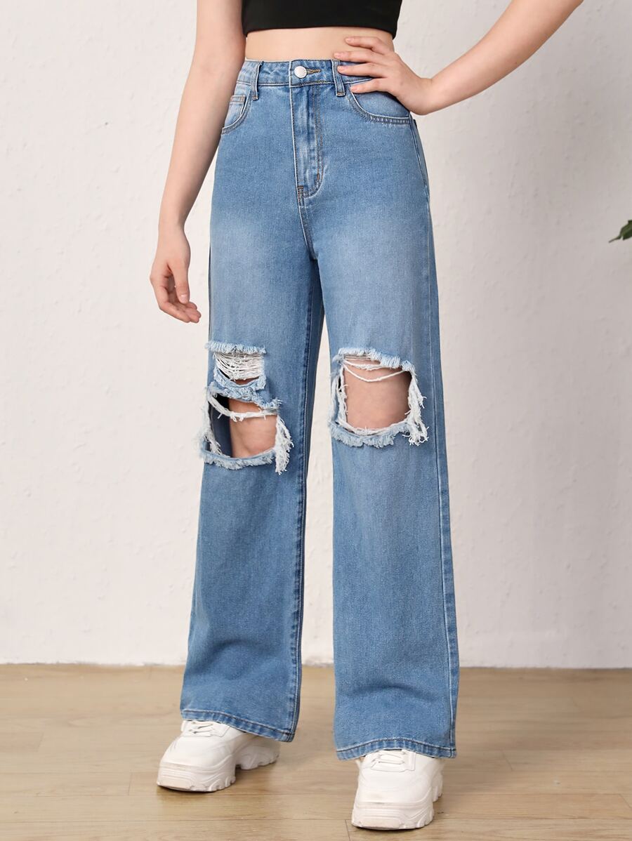 SHEIN 青少年女孩破洞鏤空直筒牛仔褲 - 中等水洗藍 - 查看 1