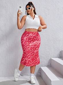 SHEIN EZwear 大碼波浪印花魚尾短裙 - 粉色 - 查看 3