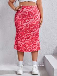 SHEIN EZwear 大碼波浪印花魚尾短裙 - 粉色 - 查看 4