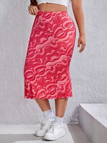 SHEIN EZwear 大碼波浪印花魚尾短裙 - 粉色 - 查看 5