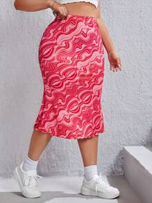 SHEIN EZwear 大碼波浪印花魚尾短裙 - 粉色 - 查看 6