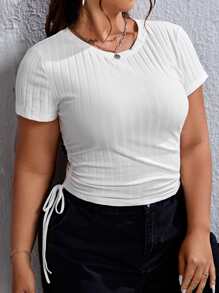 SHEIN EZwear Plus Drawstring Side Tee - White - View 4