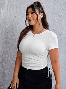 SHEIN EZwear Plus Drawstring Side Tee - White - View 5