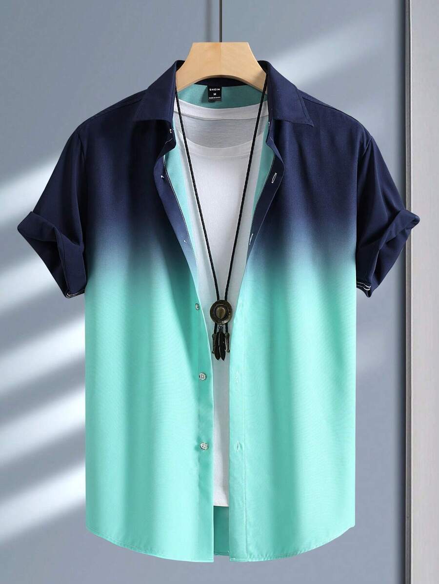 Manfinity Homme 漸層設計男士鈕扣襯衫 (不含內搭T恤)，短袖度假沙灘襯衫，適合老公 - 彩色 - 查看 1