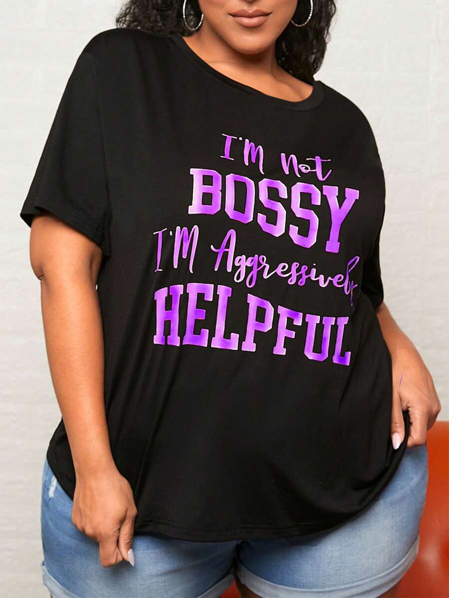 SHEIN CURVE+ Camiseta de hombros caídos con estampado de slogan - Morado - Ver 1