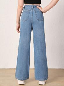 SHEIN 青少年女孩破洞鏤空直筒牛仔褲 - 中等水洗藍 - 查看 2