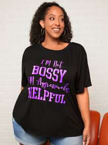 SHEIN CURVE+ Camiseta de hombros caídos con estampado de slogan - Morado - Ver 3