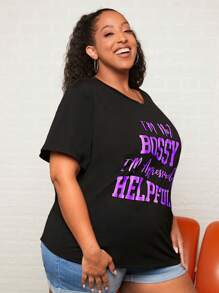 SHEIN CURVE+ Camiseta de hombros caídos con estampado de slogan - Morado - Ver 5