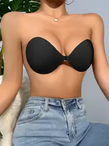 女士黑色纯色针织面料露背休闲舒适粘性胸罩可重复使用隐形聚拢无肩带胸罩适用于派对礼服 - 黑色 - 查看 1