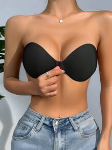 女士黑色纯色针织面料露背休闲舒适粘性胸罩可重复使用隐形聚拢无肩带胸罩适用于派对礼服 - 黑色 - 查看 2