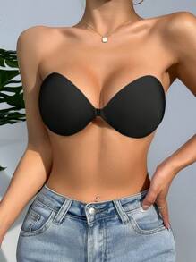 女士黑色纯色针织面料露背休闲舒适粘性胸罩可重复使用隐形聚拢无肩带胸罩适用于派对礼服 - 黑色 - 查看 8