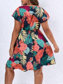 SHEIN Holidaya Vestido con estampado tropical de manga mariposa - Azul Marino - Ver 2