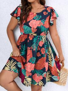 SHEIN Holidaya Vestido con estampado tropical de manga mariposa - Azul Marino - Ver 3