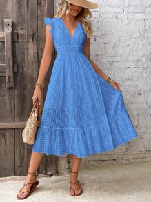 Breezaya Vestido de manga mariposa bajo con fruncido - Azul - Ver 6