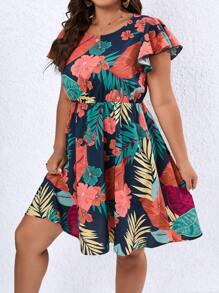 SHEIN Holidaya Vestido con estampado tropical de manga mariposa - Azul Marino - Ver 5