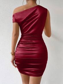 Chiquease Asymmetrical Neck Ruched Satin Bodycon Dress Burgundy Color Women Outfit