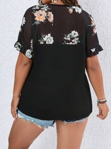 Plus Floral Print Flounce Sleeve Tee Graphic Tees Women Tops - Black - View 2