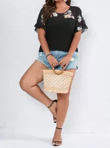 Plus Floral Print Flounce Sleeve Tee Graphic Tees Women Tops - Black - View 3