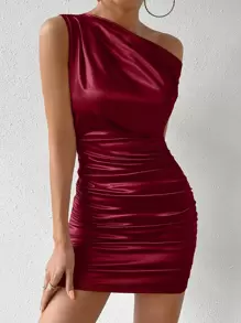 Chiquease Asymmetrical Neck Ruched Satin Bodycon Dress Burgundy Color Women Outfit