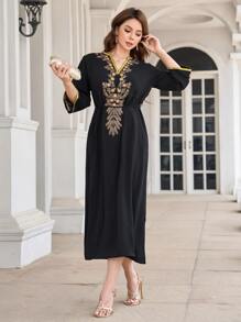 DAZY 花卉刺繡拼接邊下擺開叉連衣裙 - 黑色 - 查看 3