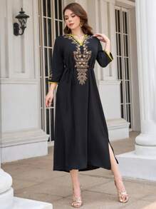 DAZY 花卉刺繡拼接邊下擺開叉連衣裙 - 黑色 - 查看 6