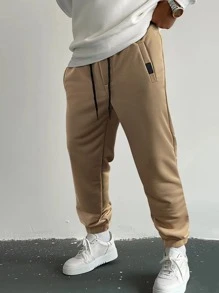 Manfinity Homme 男士貼布細節腰部抽繩衛褲 - 棕色 - 查看 1