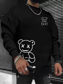 Manfinity Homme Áo nỉ dài tay lót nhiệt in hình gấu dễ thương cho nam, mùa thu đông - màu đen - Xem 1