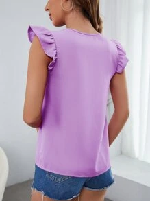 SHEIN Clasi Notched Neckline Ruffle Trim Blouse - Lilac Purple - View 2