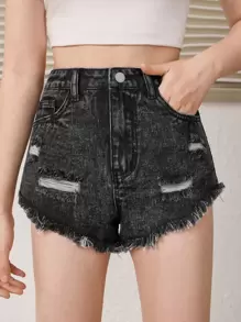SHEIN Teen Girls Ripped Raw Hem Denim Shorts - Black - View 1