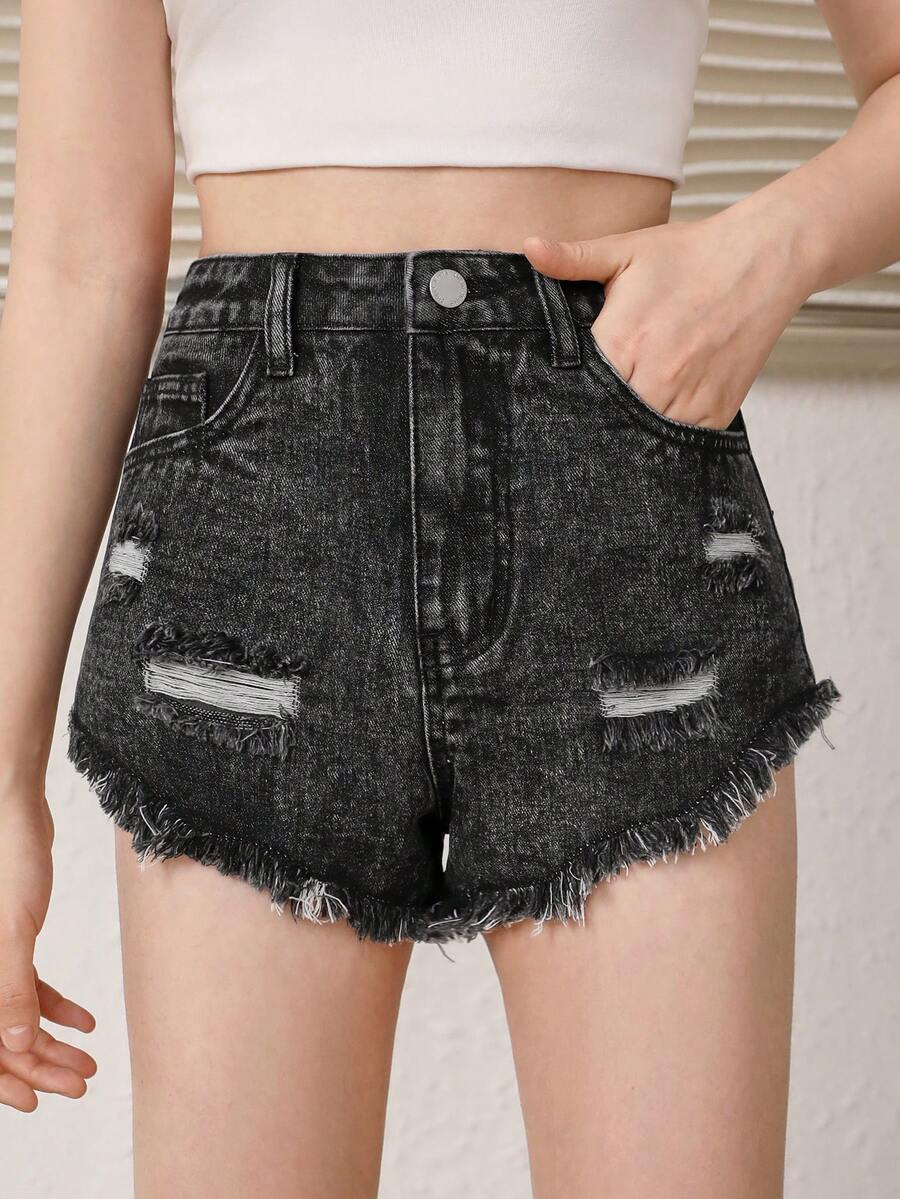 SHEIN Teen Girls Ripped Raw Hem Denim Shorts - Black - View 1