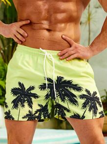 Manfinity Swimmode Hombres Shorts de natación con estampado tropical de cintura con cordón - Amarillo - Ver 1