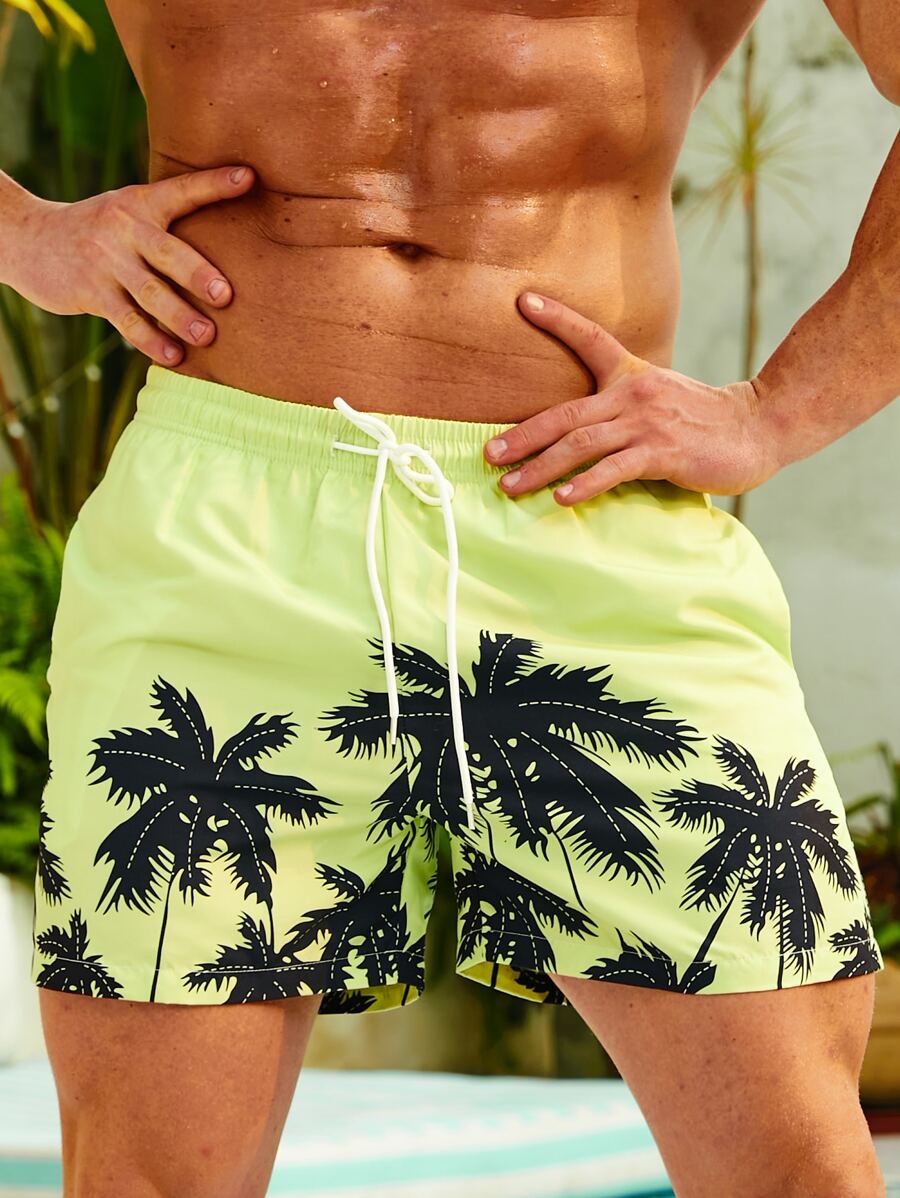 Manfinity Swimmode Hombres Shorts de natación con estampado tropical de cintura con cordón - Amarillo - Ver 1