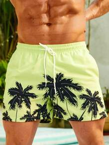 Manfinity Swimmode Hombres Shorts de natación con estampado tropical de cintura con cordón - Amarillo - Ver 3