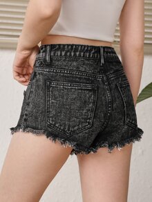 SHEIN Teen Girls Ripped Raw Hem Denim Shorts - Black - View 2
