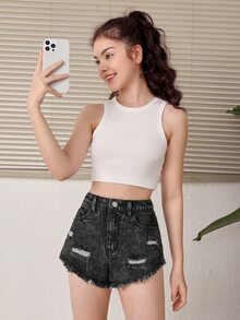 SHEIN Teen Girls Ripped Raw Hem Denim Shorts - Black - View 3