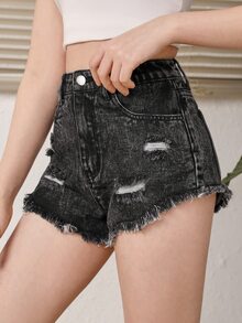 SHEIN Teen Girls Ripped Raw Hem Denim Shorts - Black - View 4