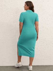 SHEIN BASICS Vestido ajustado de cuello polo de muslo con abertura tejido de canalé - Azul menta - Ver 2