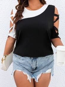 SHEIN LUNE Plus Two Tone Crisscross Cold Shoulder Tee - Multicolor - View 4