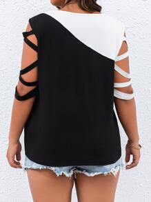 SHEIN LUNE Plus Two Tone Crisscross Cold Shoulder Tee - Multicolor - View 2