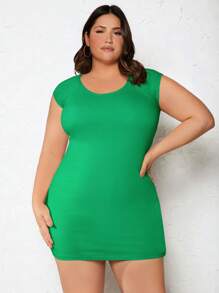 SHEIN BASICS 大碼素色緊身連衣裙 - 綠色 - 查看 1