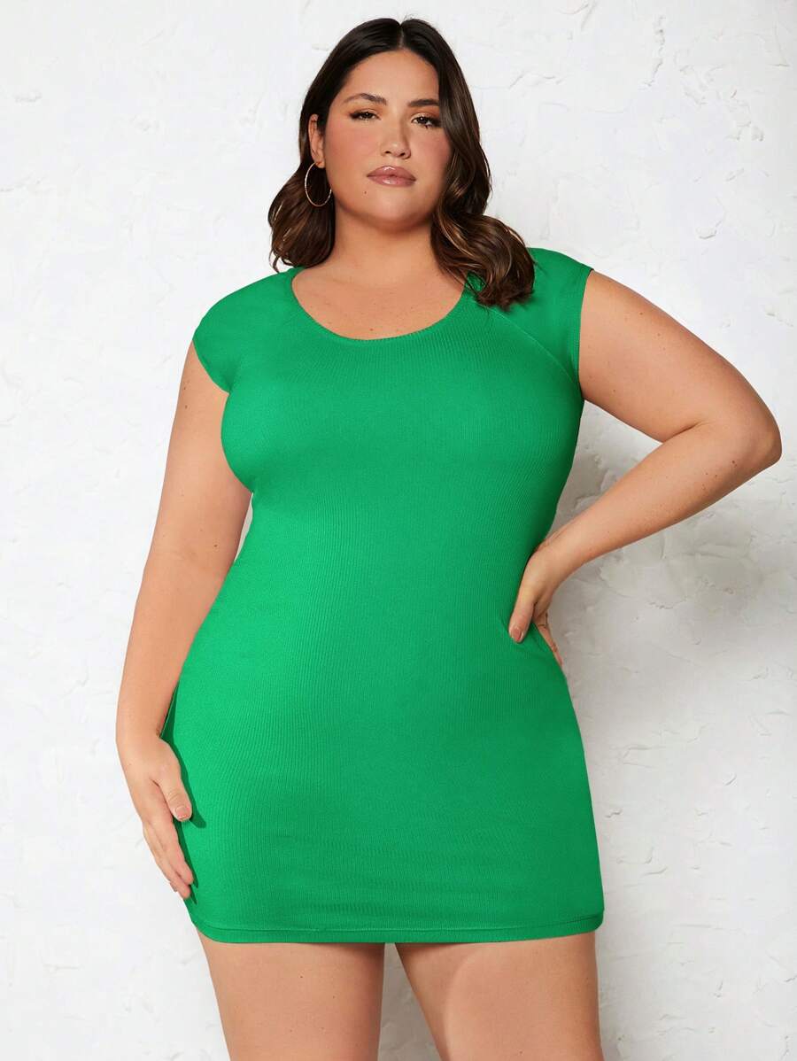 SHEIN BASICS 大碼素色緊身連衣裙 - 綠色 - 查看 1