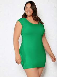 SHEIN BASICS 大碼素色緊身連衣裙 - 綠色 - 查看 5