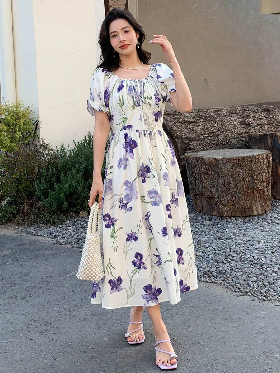 DAZY 印花泡泡袖前繫帶連衣裙 - 彩色 - 查看 1